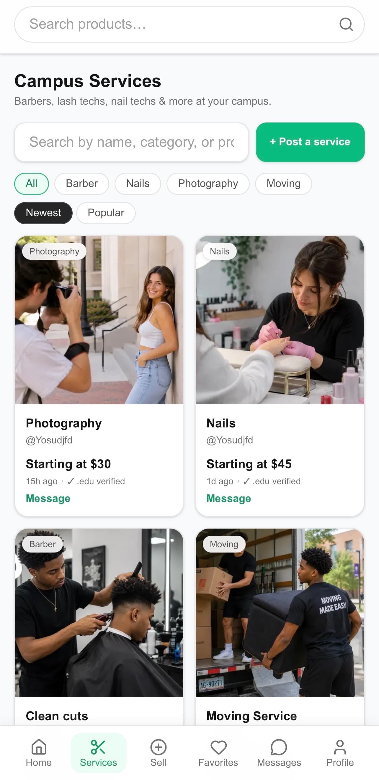 The CampusLoop app showing campus services at GCU — barbers, nails, photography and moving help from verified students